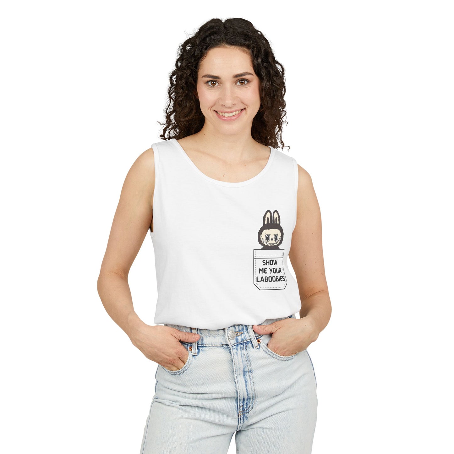 Playful Graphic Tank Top with Bunny Design, Funny Summer Top, Unisex Casual Shirt, Gift for Friends, Beachwear, Party Apparel